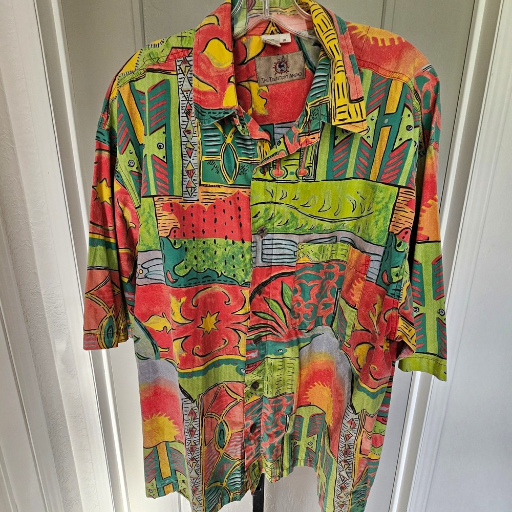 Vintage The Territory Ahead XL Rayon Hawaiian Aloha Shirt Colorful Abstract